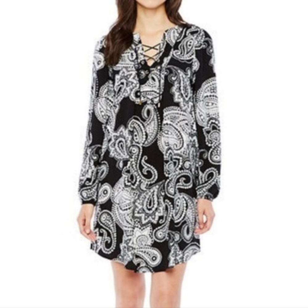 Paisley Print Black & White Tunic Shift Dress